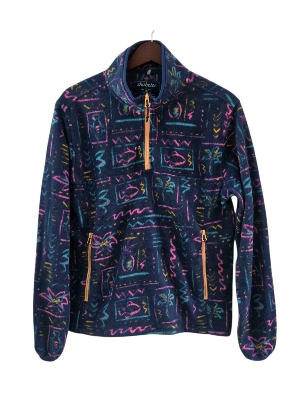 Chubbies The Chilly Vibe Mens Small Fleece Quarter Zip Pullover Navy Neon